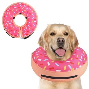 Dog Donut Recovery Collar Inflatable Cone Medium Pink Sprinkle Pet Surgery Colla